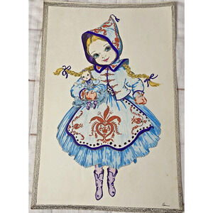 Ellen Nelson Colored Page Art Print Dutch Girl 17.5"x12" Vintage Big Eye Doll
